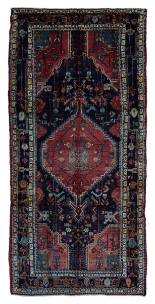 Semi-Antique Red and Blue Persian Hamadan Oriental Runner Rug 4'11X10'7