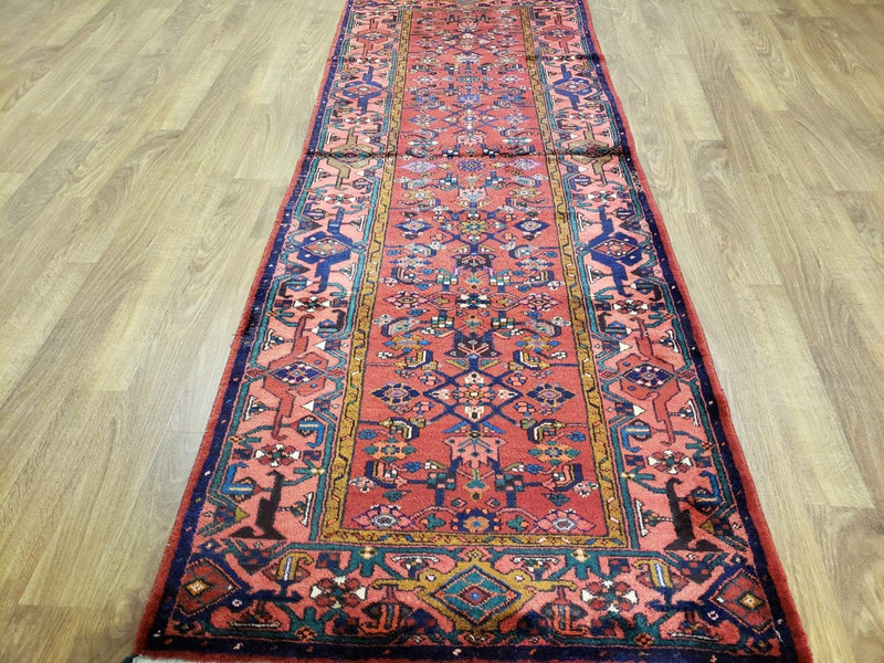 Red and Blue Semi Antique Persian Hamadan Area Rug 3'7X9'10